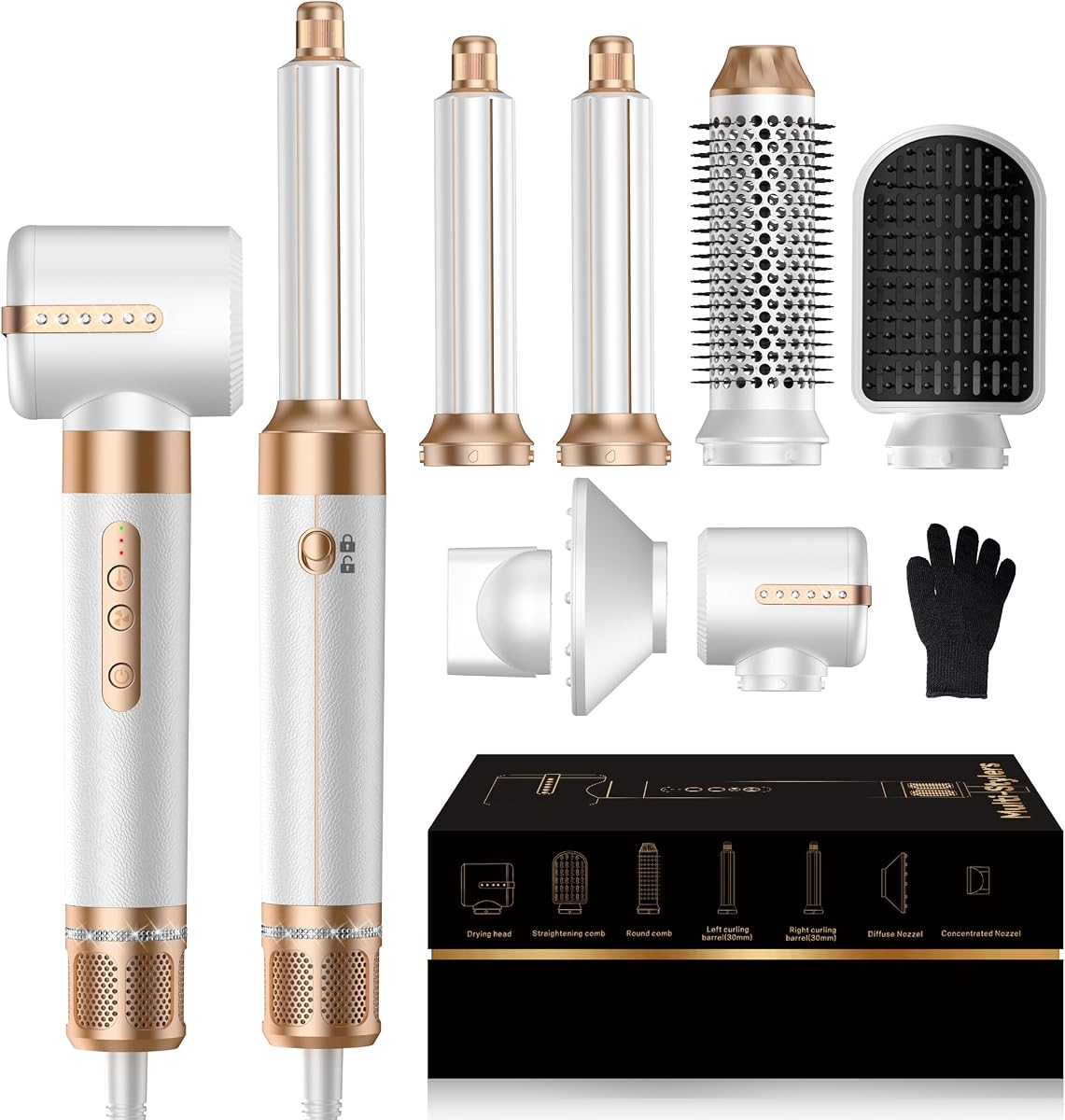 Cepillo secador de pelo 7 en uno, potente cepillo secador con rizador de aire para cabello, cepillo secador con difusor, cepillo iónico de aire caliente de secado rápido, volumen, rizos, liso, herramientas de peinado 100-120 V