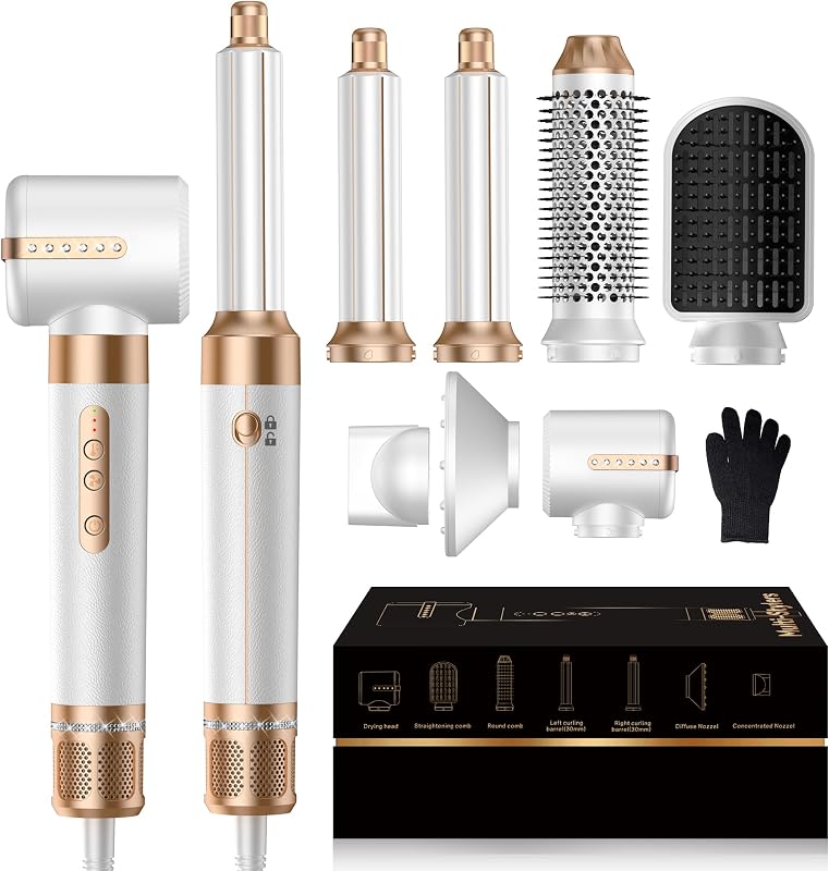 Cepillo secador de pelo 7 en uno, potente cepillo secador con rizador de aire para cabello, cepillo secador con difusor, cepillo iónico de aire caliente de secado rápido, volumen, rizos, liso, herramientas de peinado 100-120 V