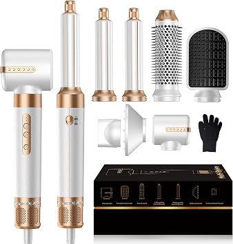 7 in ONE Hair Dryer Brush, Powerful Blow Dryer Brush with Air Curler for Hair, Brush Blow Dryer with Diffuser, Ionic Hot Air Brush Fast Dry, Volumize, Curls, Straight, Hair Styling Tools 100-120V