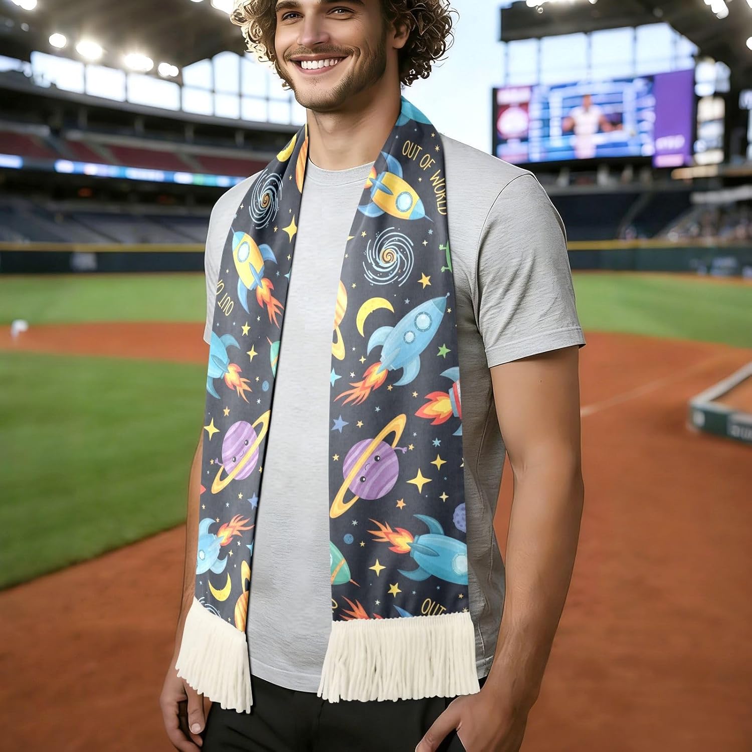 CHIFIGNO Cartoon Rockets Colorful Planets Sports Fan Scarf Towel, Soft Absorbent Polyester Rally Scarf for Soccer Fans, Quick Dry Cheering Banner