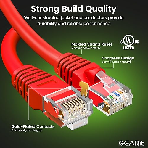 Miniatura 2 de GearIT Cable Ethernet Cat 6 (paquete de 10 unidades de 6 pies), parche de red Cat6, 10 Gbps, RJ45, cable sin enganches, conectores chapados en oro,