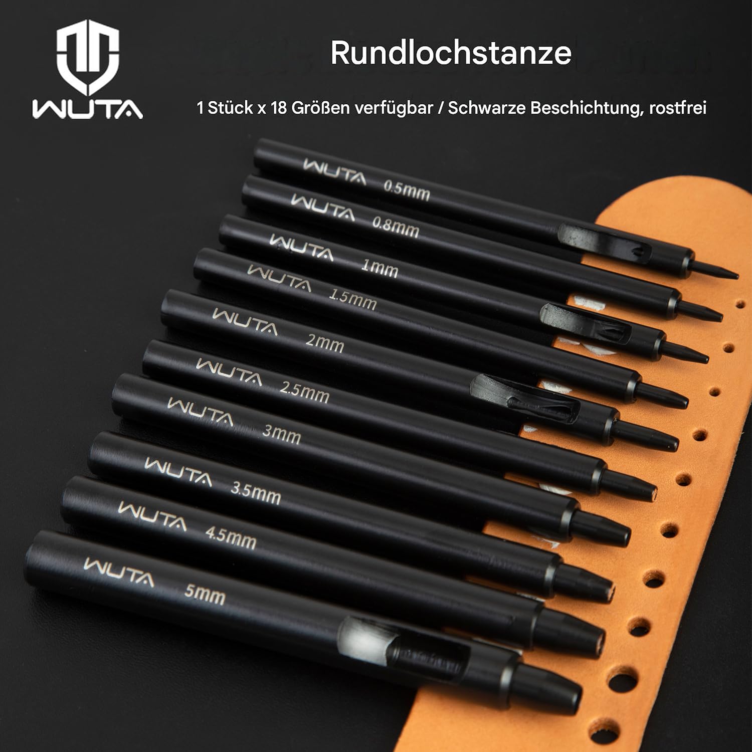 WUTA Schwarzer Leder Runde Lochstanzer,10 Stück Locheisen Set für Leder, Uhrenarmband, Dichtungsgürtel,Lochstanzer Locheisensatz(0.5+1+1.5+2+2.5+3+3.5+4+4.5+5mm)