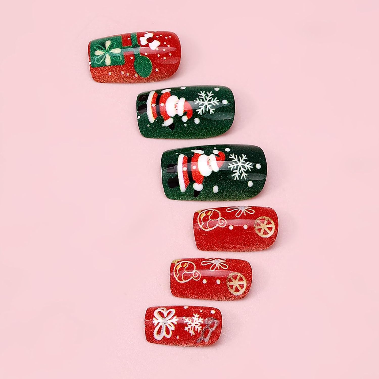 Condition photo showing New/Like New for Christmas Press on Nails Medium Length Fake Nails Square False Nails with Santa Claus Designs Christmas Red Green Nail Press ons Sparkly Cute Artificial Nails for Women 24Pcs Christmas Style 05-7