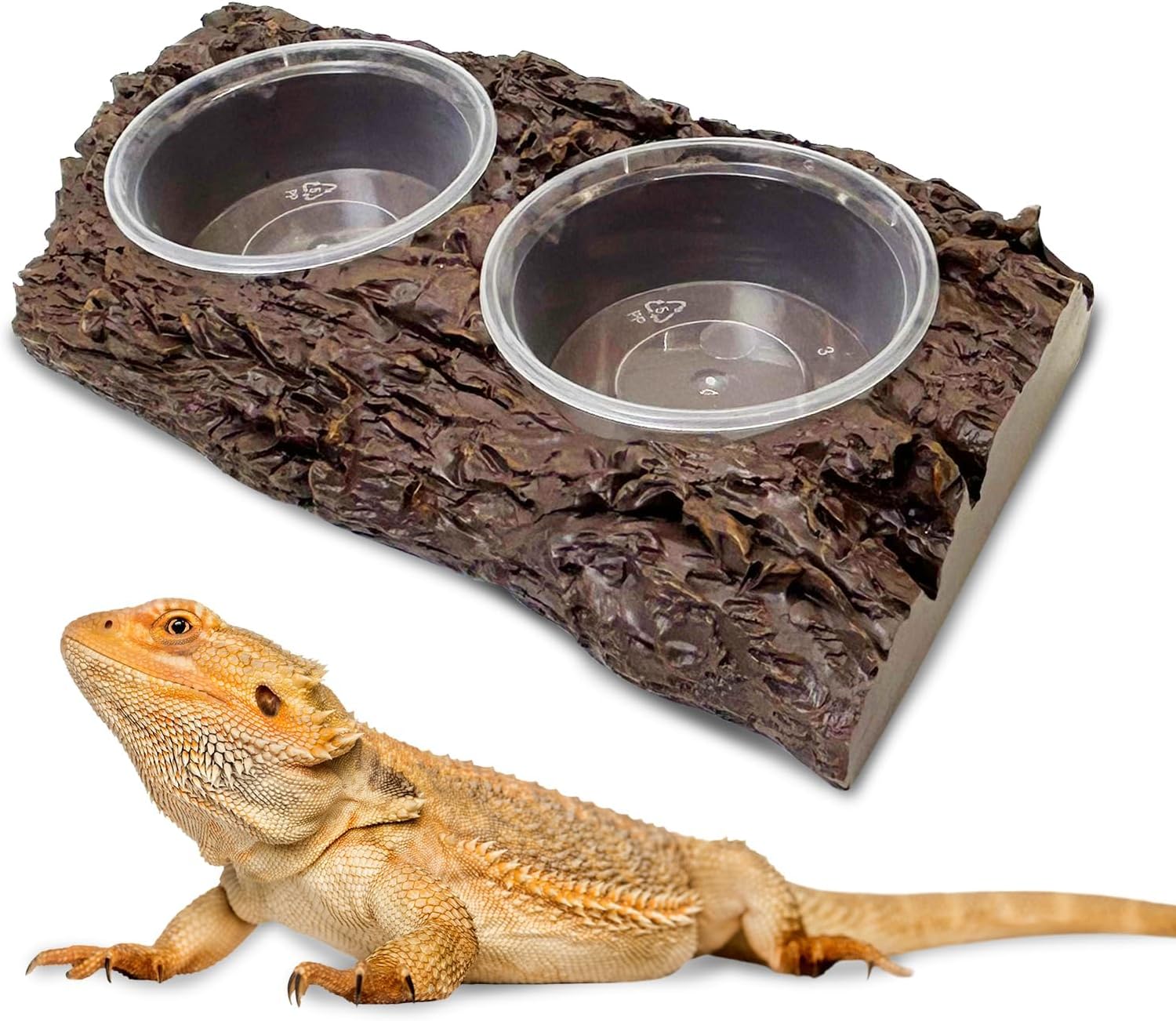 PINVNBY Double Reptile Feeding Ledge, Resin Rock Reptile Water Dish with Plastic Gecko Food Cups – Terrarium Tank Accessories for Bearded Dragons, Leopard Gecko, Lizard, Snake, Chameleon