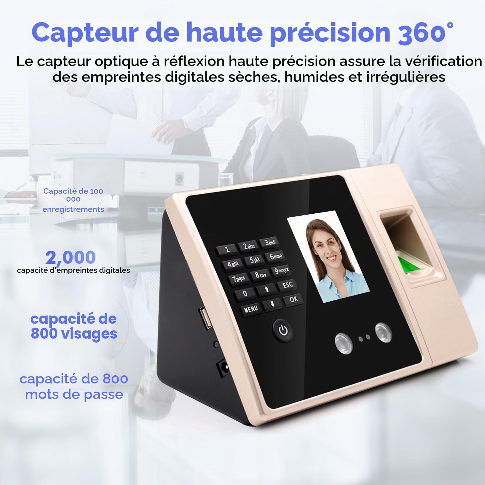 Pointeuse Horaire Biométrique, Machine de présence avec Visage, Empreintes Digitales, RFID et Codes PIN, Pointeuse biométrique pour Pointer Employées Entreprise, système Anglais, sans Connexion