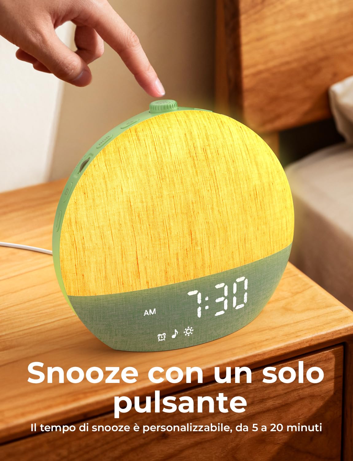 LIORQUE Sveglia Luminosa con Simulazione Alba, Sveglia da Comodino | Bluetooth, Rumore Bianco, 30 Suoni Rilassanti, Timer Spegnimento, Design Senza Schermo, Luce Notturna Regolabile