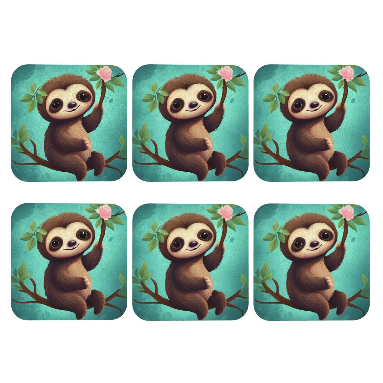 6pcs Leather Coasters for Drinks, Cute Sloth Drink Coasters for Tabletop Protection, 4" Cup Coasters for Coffee Table Decor, Non-Slip Drinking Cup Mat for Hot Or Cold Drink