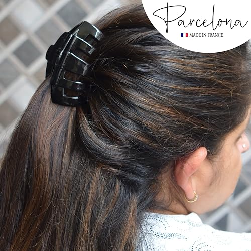 Miniatura 6 de Parcelona Pinza para el cabello de la mandíbula francesa tubular negra de 3 pulgadas cubierta de celuloide, agarre antideslizante, pinza de pelo