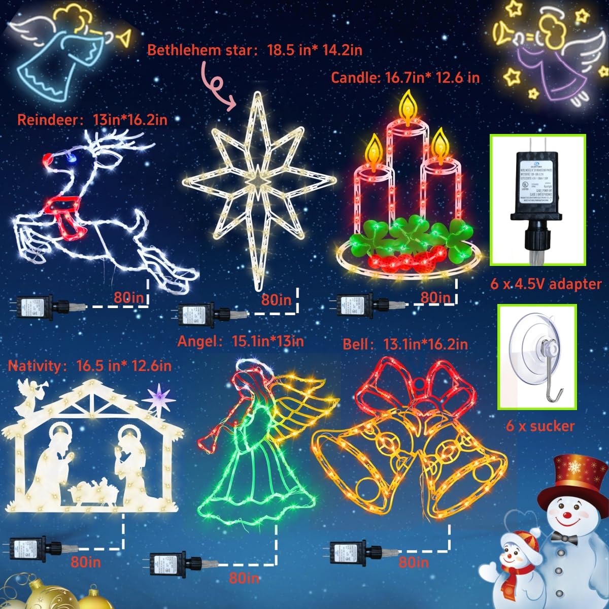 Luces de silueta de ventana de Navidad de 16 pulgadas, paquete de 6 unidades de color iluminado reno y Belén estrella y nacimiento y vela y ángel y campana para las vacaciones, decoración de
