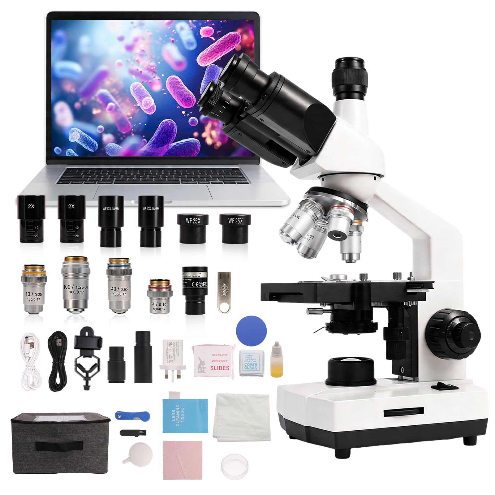 SWIFT SW320T Trinokular-Mikroskop 40X-5000X, professionelles Labor-Mikroskop mit 2MP Kamera, Tragetasche, Handyhalterung & Experimentierzubehör - Metallkörper für Erwachsene & Studenten