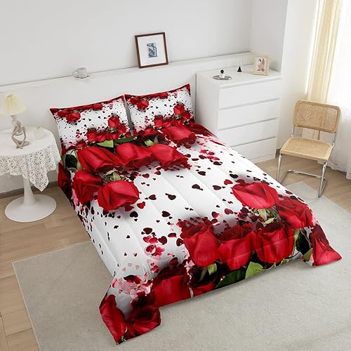 Miniatura 3 de Feelyou Juego de edredón de pétalos de rosas rojas, ramo floral, diseño botánico, juego de edredón de microfibra romántica de flores, juego de