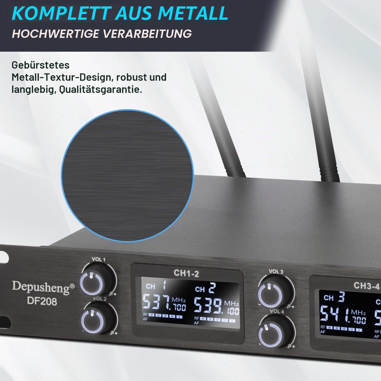 Depusheng DF208 UHF kabellos Funkmikrofon Set 8 Kanal professionelles dynamisches Handmikrofonsystem Metallgehäuse automatische Frequenzkopplung geeignet für Bühne Konferenz Hochzeit Bar
