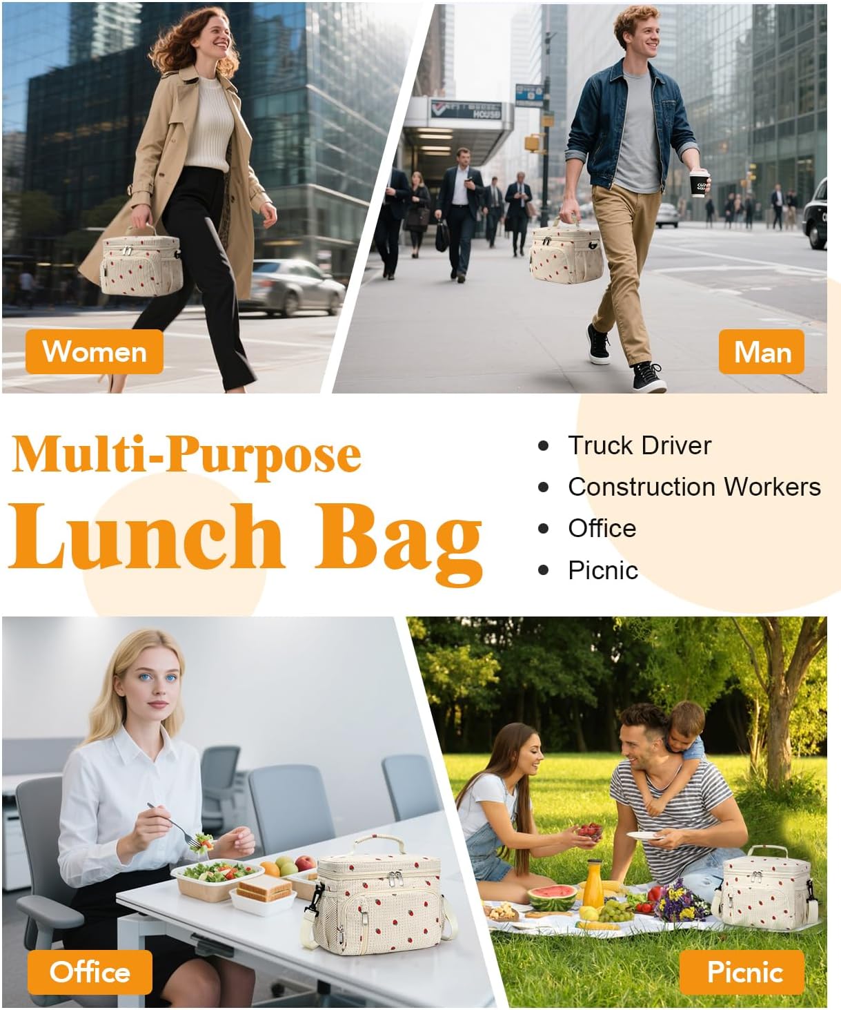 Insulated Lunch Bag for Men & Women, 9L Leakproof Lunch Box Soft Cooler Tote with 5 Pockets, 600D Oxford, EVA Lining, Adjustable Strap for Work, Picnic, Beach&Travel-Corduroy Strawberry - Image 6