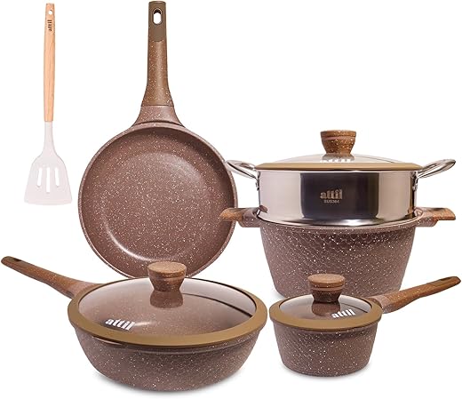 ATTIL – Aluminium – Non Stick 9 Pcs Cookware Set – Induction Cookware Set of 4 (Frying Pan 24Cm, Wok Pan 28Cm, Handi & Steamer 24Cm and Sauce Pan…