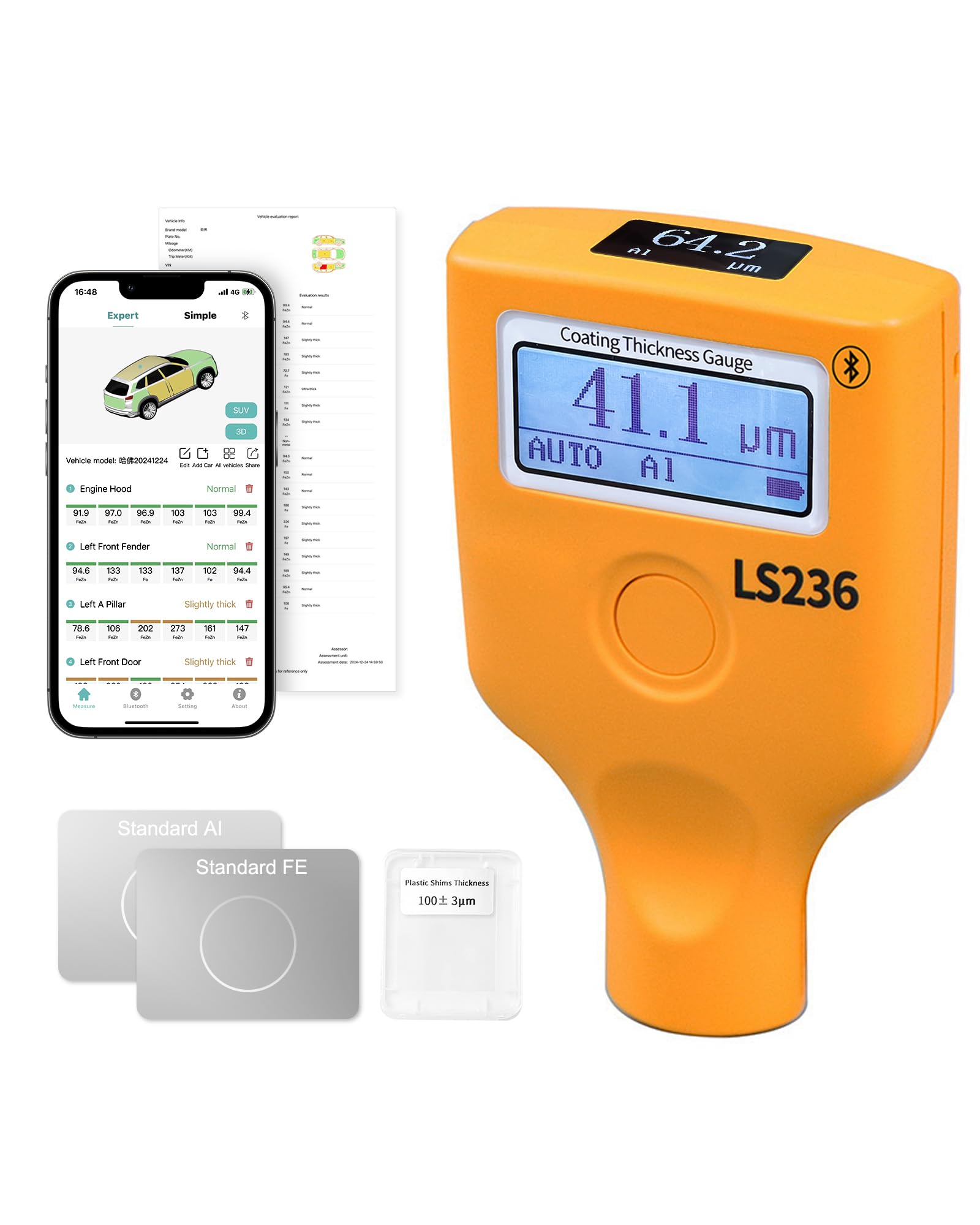 spessore misur Spessimetro Digitale per Vernice Auto, Doppio Display con Rotazione della Lettura, TRE Modalità di Misurazione 0,0-3500 μm, per Fe/AI/Non Metalli(Rubino)