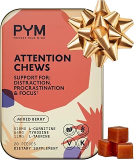 PYM Attention Chews Support for Procrastination, Focus & Productivity, 20 Count | 518mg L-Carnitine, 54mg Tyrosine, 11mg L-Taurine, Caffeine-Free | All-Natural Mood Boost Supplement Made in USA