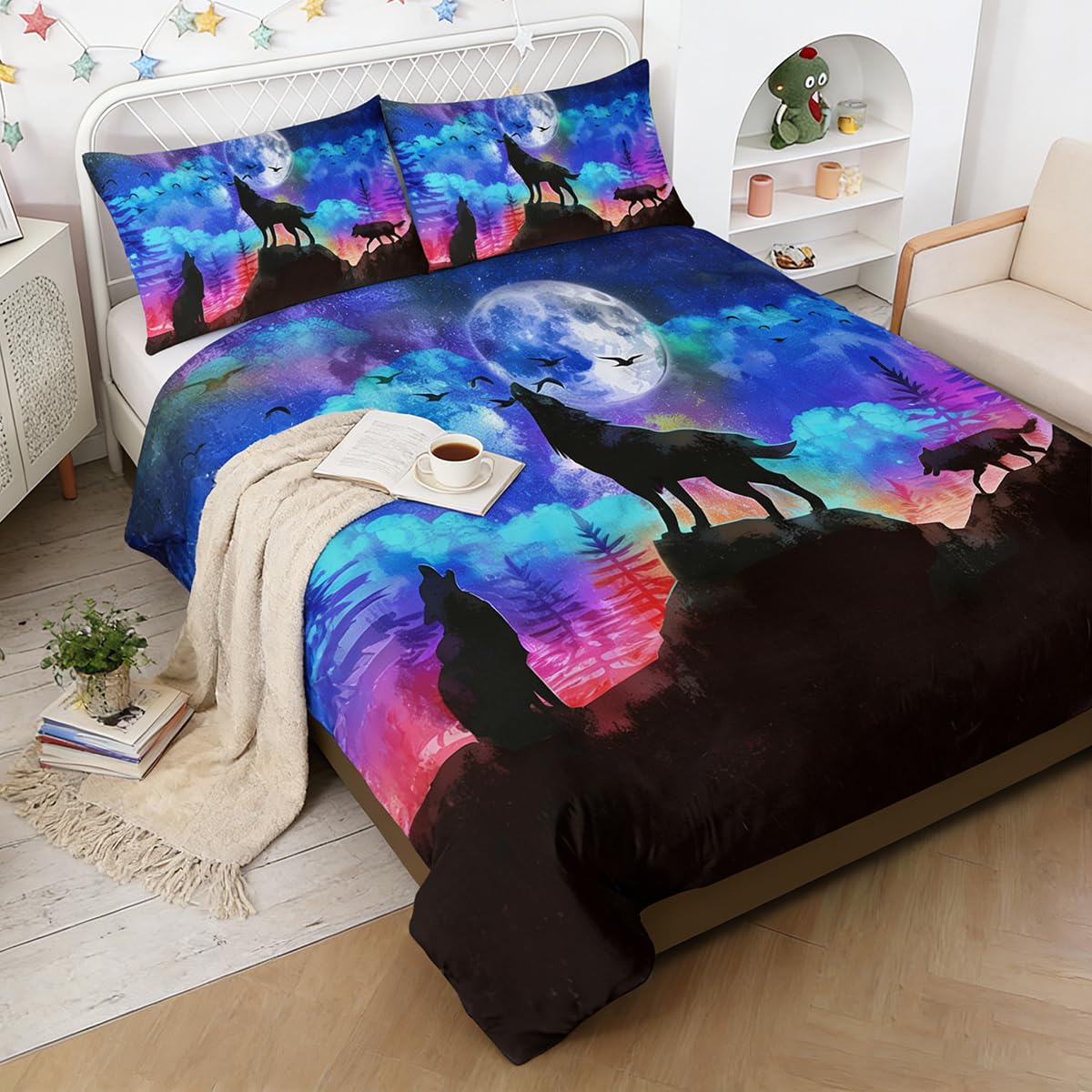 BlessLiving Wolf Bedding Set Moon Wolves Bed Set Double Duvet Cover Galaxy Wolf Bedding Blue 3 Pcs, Boys and Girls Kid Double Size Bedspreads with 2 Pillowcases