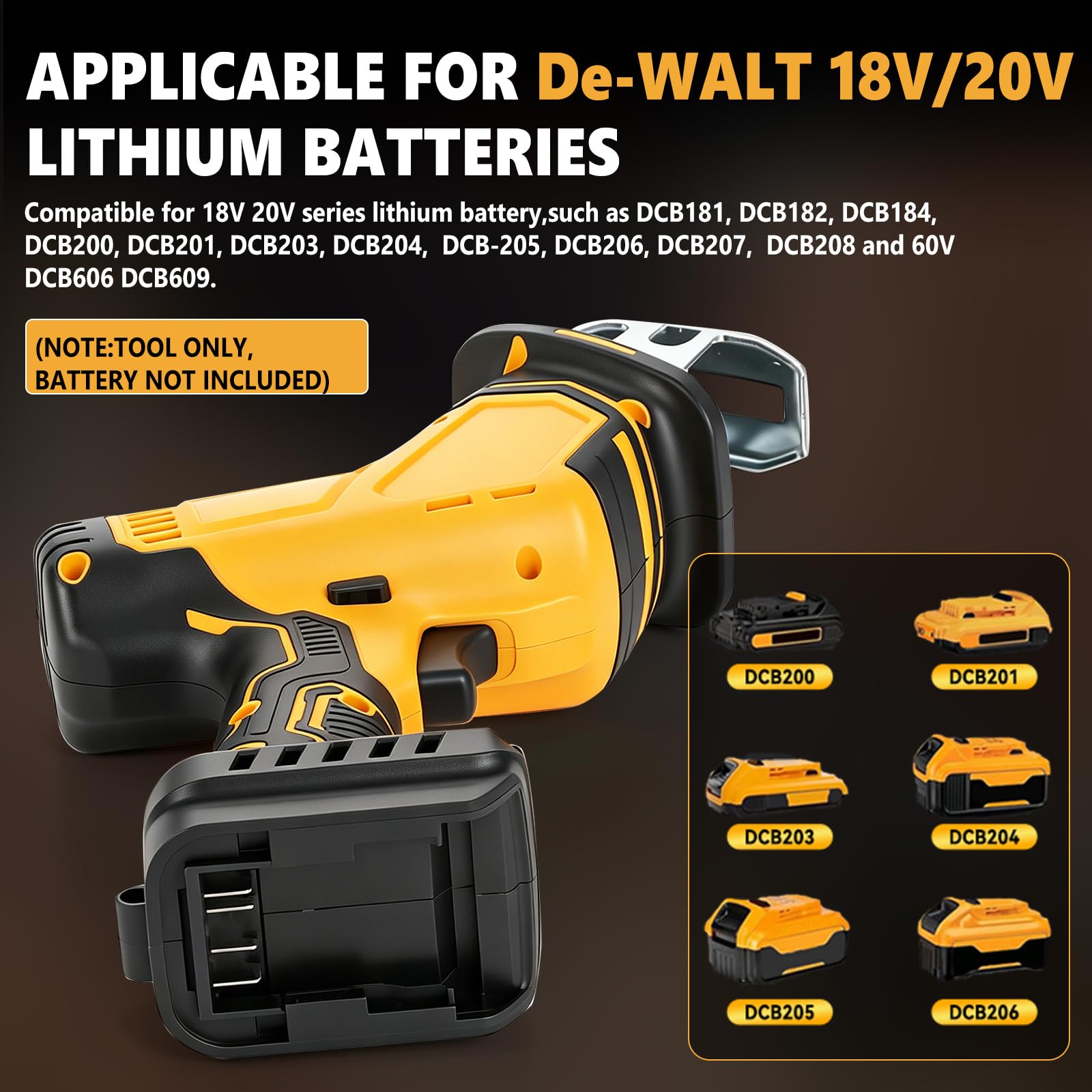 Akumulatorowa piła szablasta, kompatybilna z akumulatorami DEWALT 18 V/20 V, 2700 obr./min, silnik bezszczotkowy, zmienna prędkość obrotowa, 4 brzeszczoty do drewna (do 180 mm) i metalu (do 20 mm