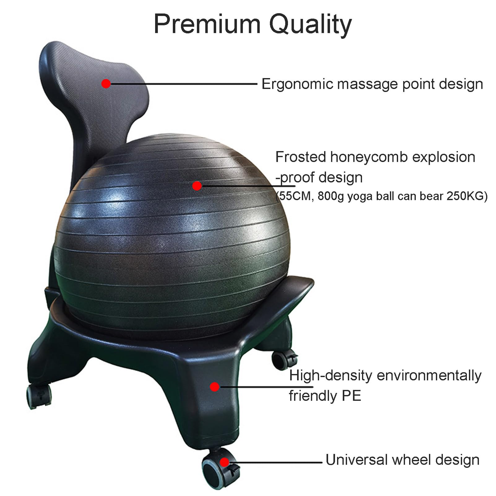 Chaise Ballon De Yoga – Base ABS/PE, Sans Ballon, Dossier, Roulettes, Pour Bureau Et Maison
