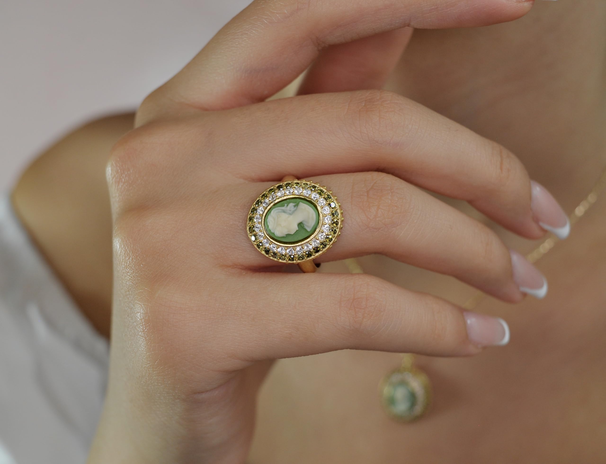 925er Sterling Silber Ring - Kamee - 14k Vergoldet - Vintage Style - Verstellbar - Grün - Zirkonia - Geschenk für Sie - Handmade - Schmuck - Mutter - Geburtstag