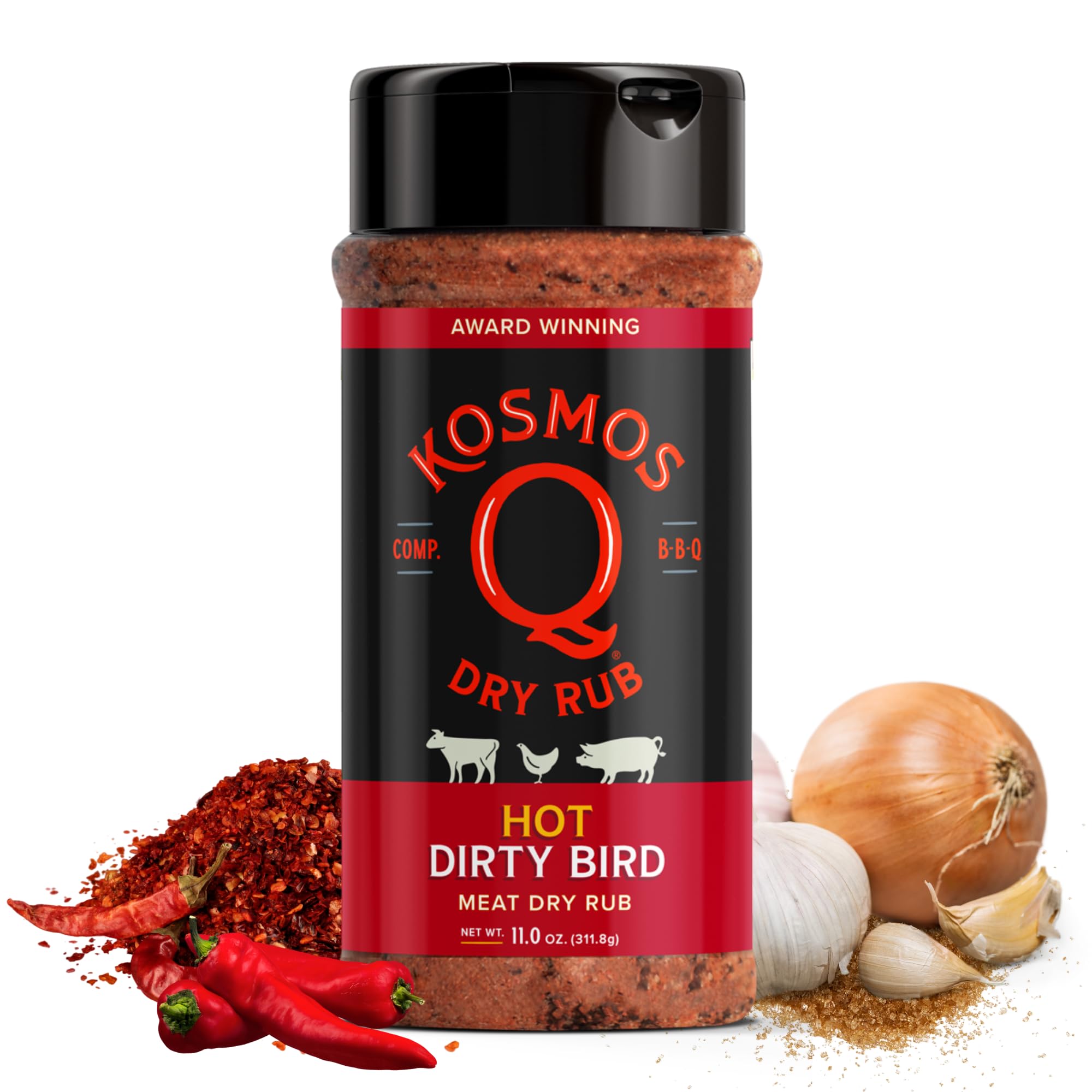 Kosmos Q Hot Dirty Bird BBQ Dry Rub, Spicy Seasoning with Chili Pepper, Brown Sugar, Garlic & Onion for Chicken, Turkey, Ribs, Pork, Dry Rub for Smoking & Grilling Meat, BBQ Spice Blend, 11 Oz Bottle
