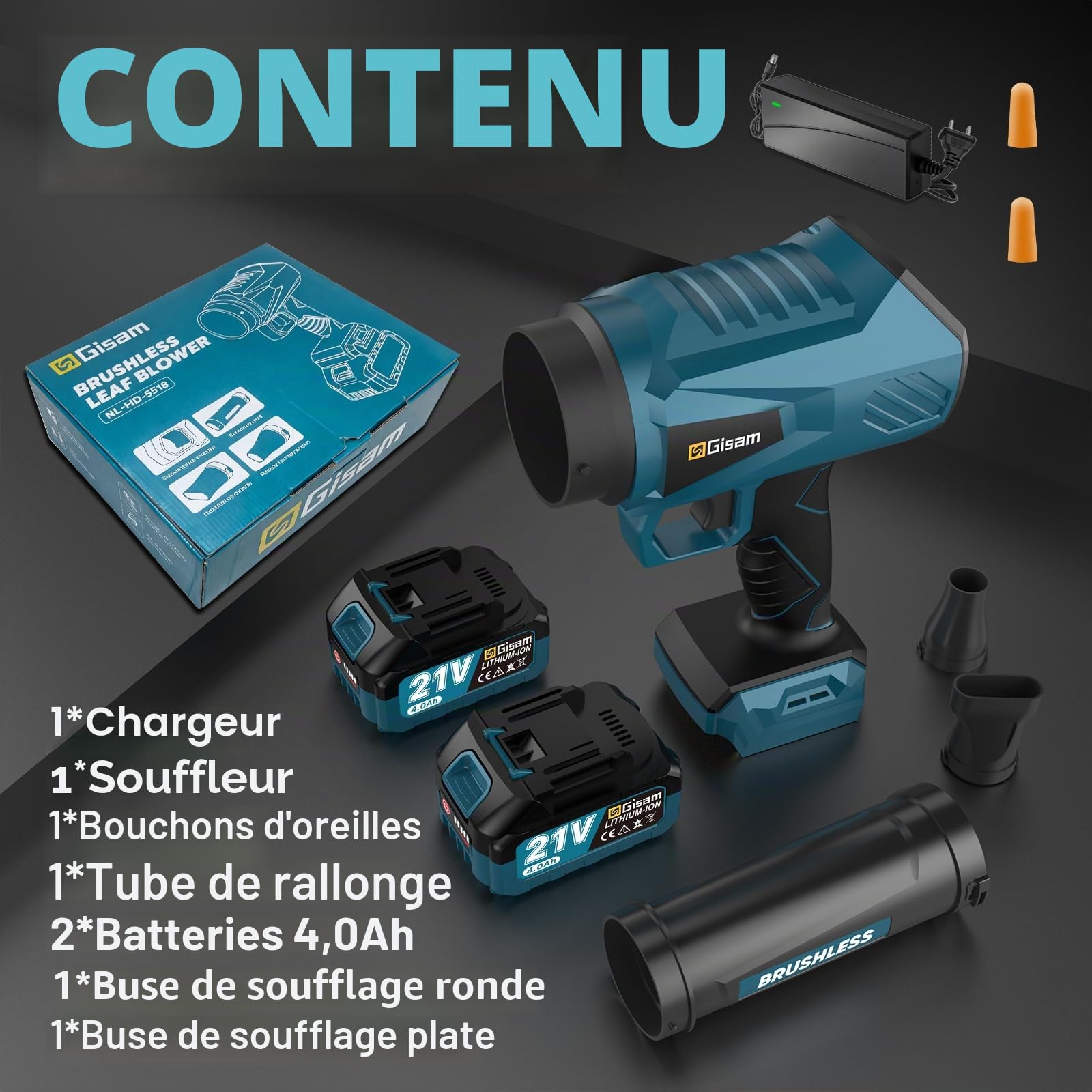 Souffleur de feuilles sans fil, moteur brushless avec 2x4.0Ah batteries, souffleur de feuilles, débit d'air 800m³/h, transmission à variation continue, 3 buses, 0,82 kg léger pour le jardin, les