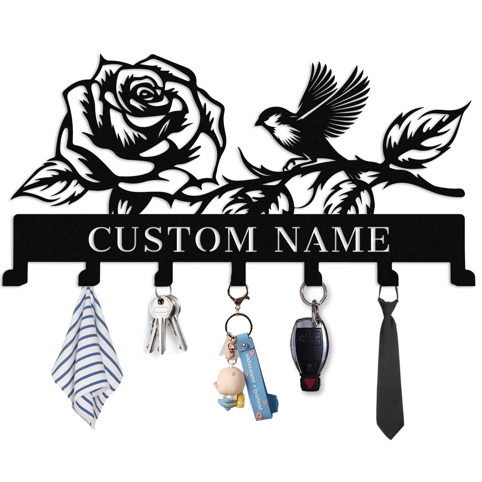 Met5kdm Style-1 Personalized Key Holder For Wall,Custom Metal Flower And Bird Key Rack Hooks With Name,Key Hanger Organizer For Entryway, Front Door, Hallway, Bathroom