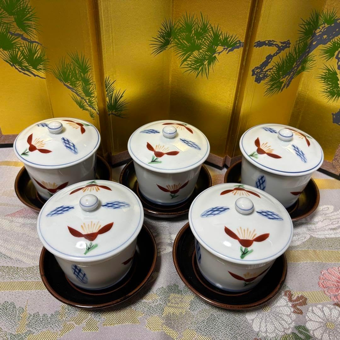 たち吉 赤絵花鳥 蓋付き碗揃 5客セット 茶碗蒸し碗 飯器 小丼ぶり 色絵