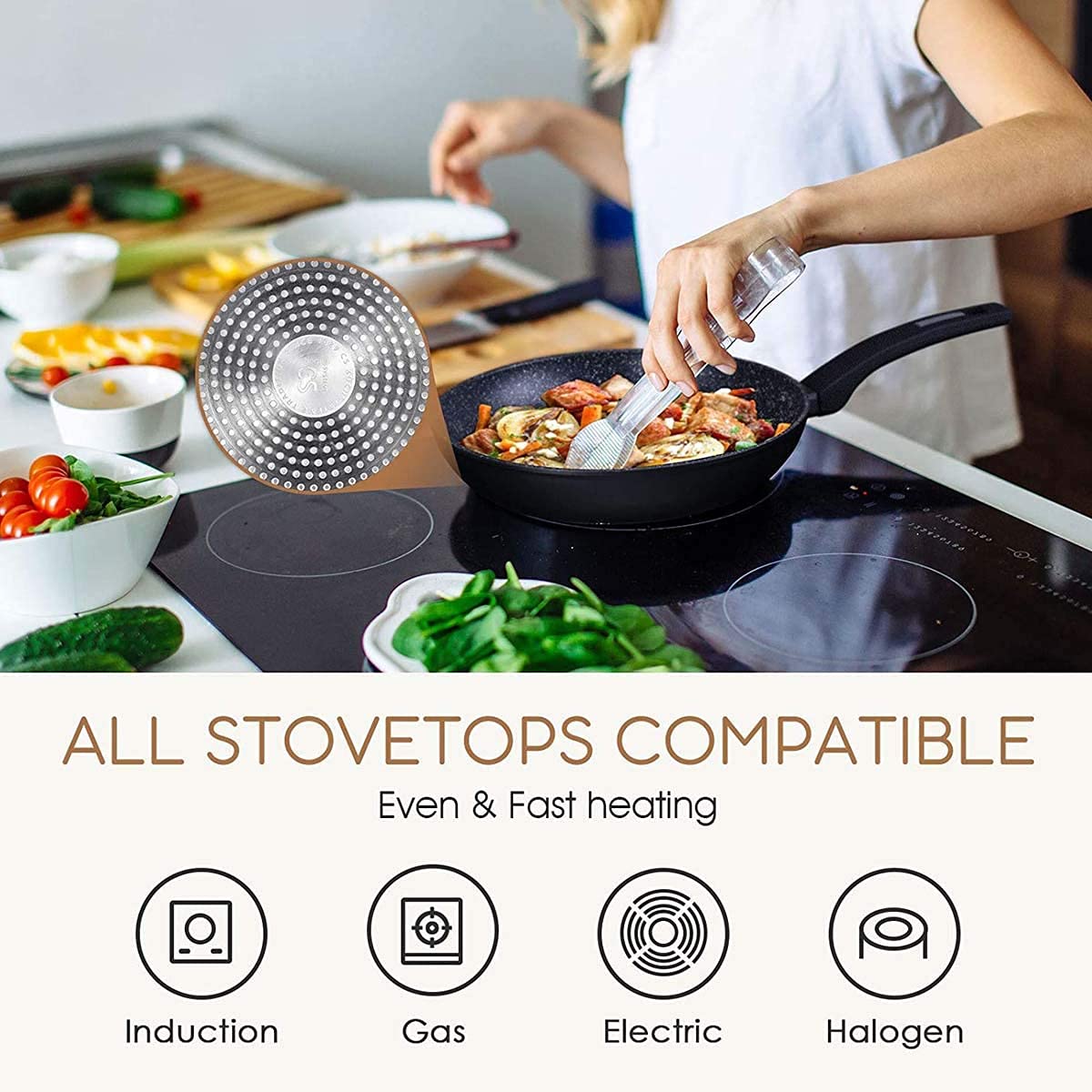 Padella Wok in Ghisa, Wok E Padelle Antiaderenti Padella con Fondo Piatto Antiaderente Padella Wok Antiaderente con Manico Ergonomico E Fondo Piatto, Wok Antiaderente per Tutti I Piani Cottu