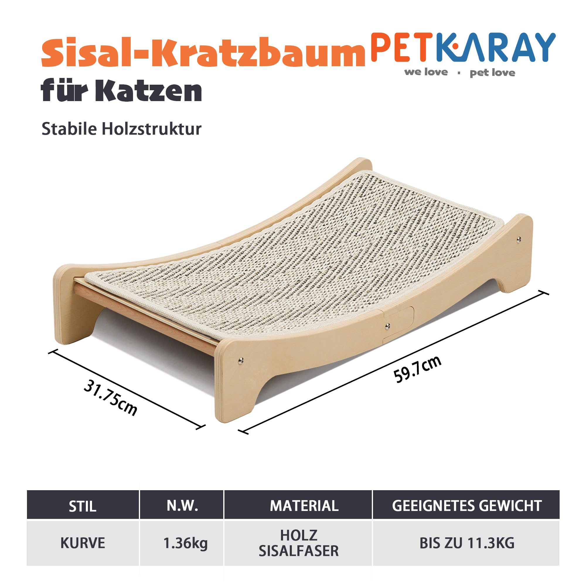 PETKARAY Sisal-Kratzbrett für Katzen, gebogener Sisal-Kratzbaum, große Kratzmatte für Hauskatzen, strapazierfähiges Lounge-Bett für Kätzchen