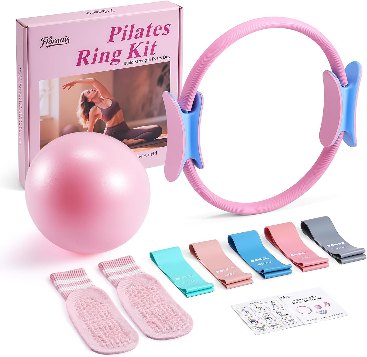 Home Pilates Essentials Kit for Women Pink Ring and Ball Pilates Set Equipment, Magic Circle with 5 Resistance Bands Premium Accessories Kits for Starter Toning Workouts at Home