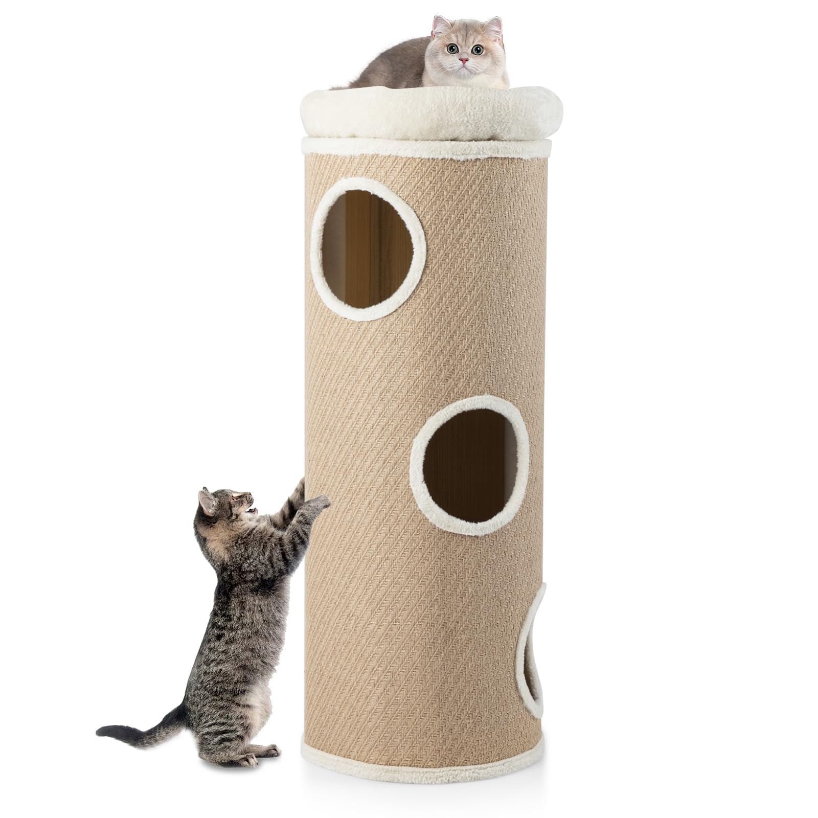 COSTWAY Barril Rascador de 4 Niveles, Poste rascador para Gatos para Múltiples Gatos con Cama de Percha Removible, Tablero Rascador de Sisal, Estera de Bambú para Gato de Interior (De Yute)