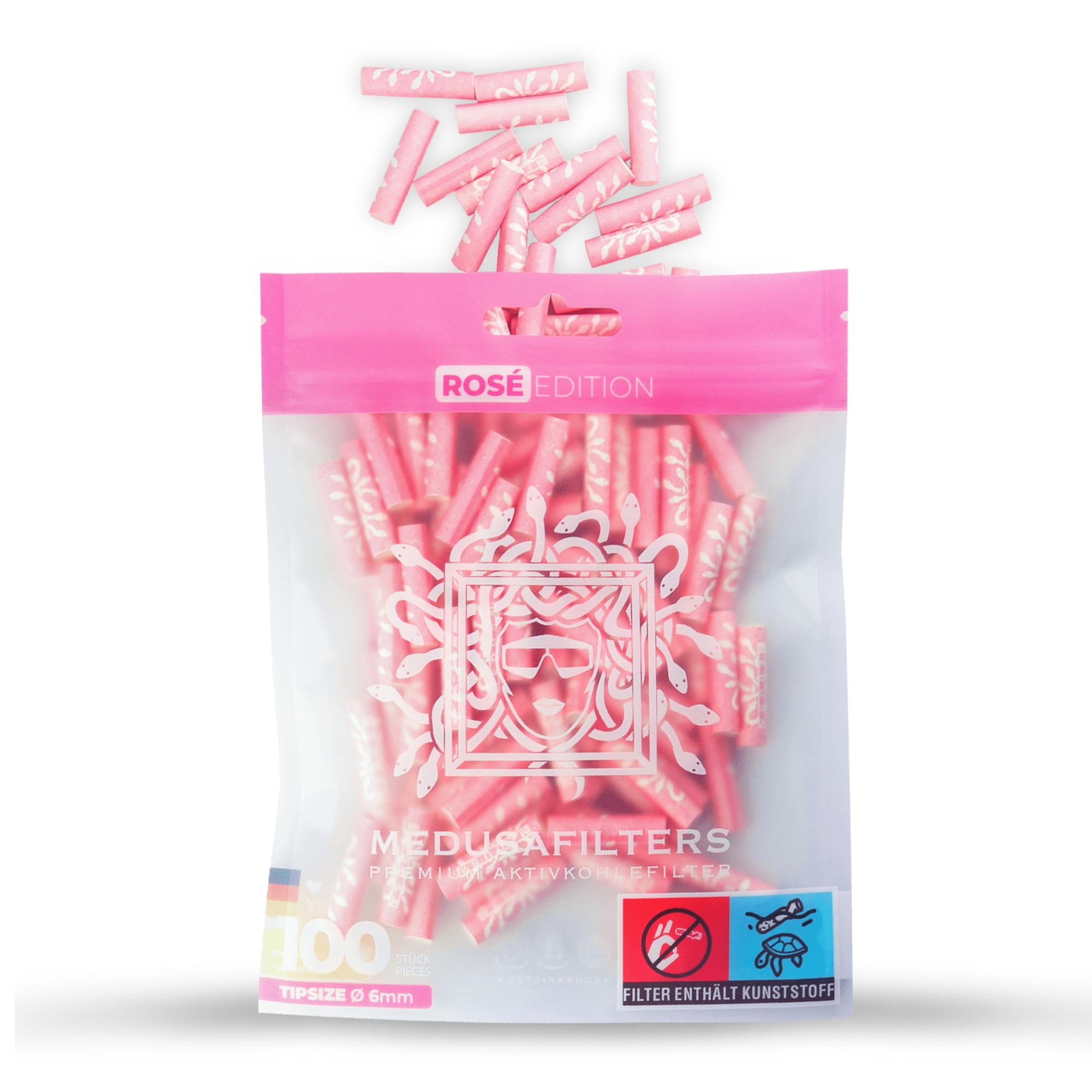 Medusafilters 100 filtres à charbon actif Ø 6 mm | Tip Size | ROSÉ Edition | avec des capuchons en fibres végétaliennes et du charbon actif pour moins de polluants
