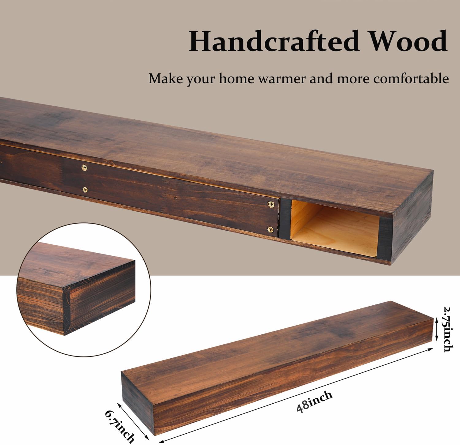 azsky fireplace mantel shelf deep walnut 48 inches hollow wood shelves with invisible real wood bracket wall shelves for over fireplace rustic floating shelves for living room set of 1