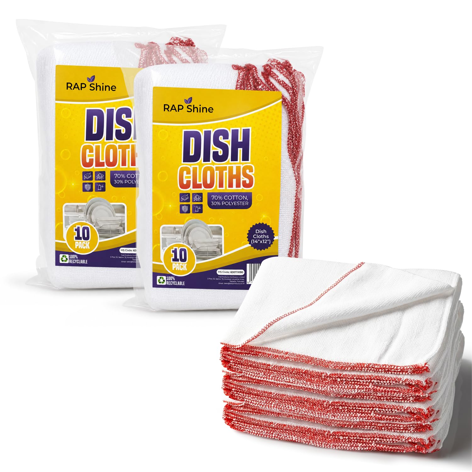 RAP Dish Cloths –20pcs Cotton Kitchen Cleaning Towels 14"x12", Washable & Reusable White Dish Cloths for Catering, Restaurants, Hotels & Commercial Kitchens