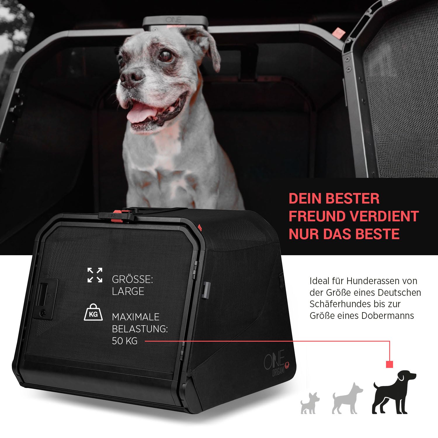 Hundetransportbox Auto Alu Size Large | Alu Hundebox Auto Kofferraum | Hundebox faltbar per Knopfdruck & Crash-getestet | Transportbox Hund aus Aluminium & Textil