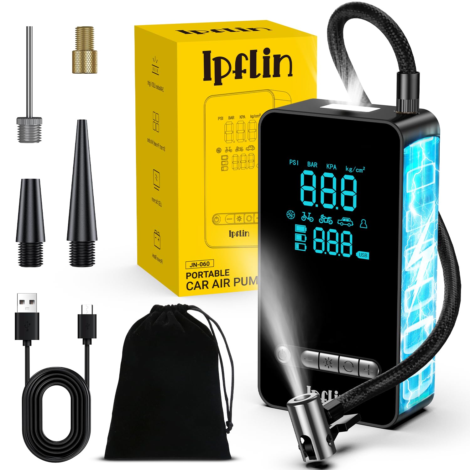 Ipflin Tyre Inflator Cordles Compressor - Portable Electric Bike Pump 150 PSI with Digital Display,Rechargeable Tyre Accessories for Car,Bike and Motorbike with Pressure Gauge and LED Light
