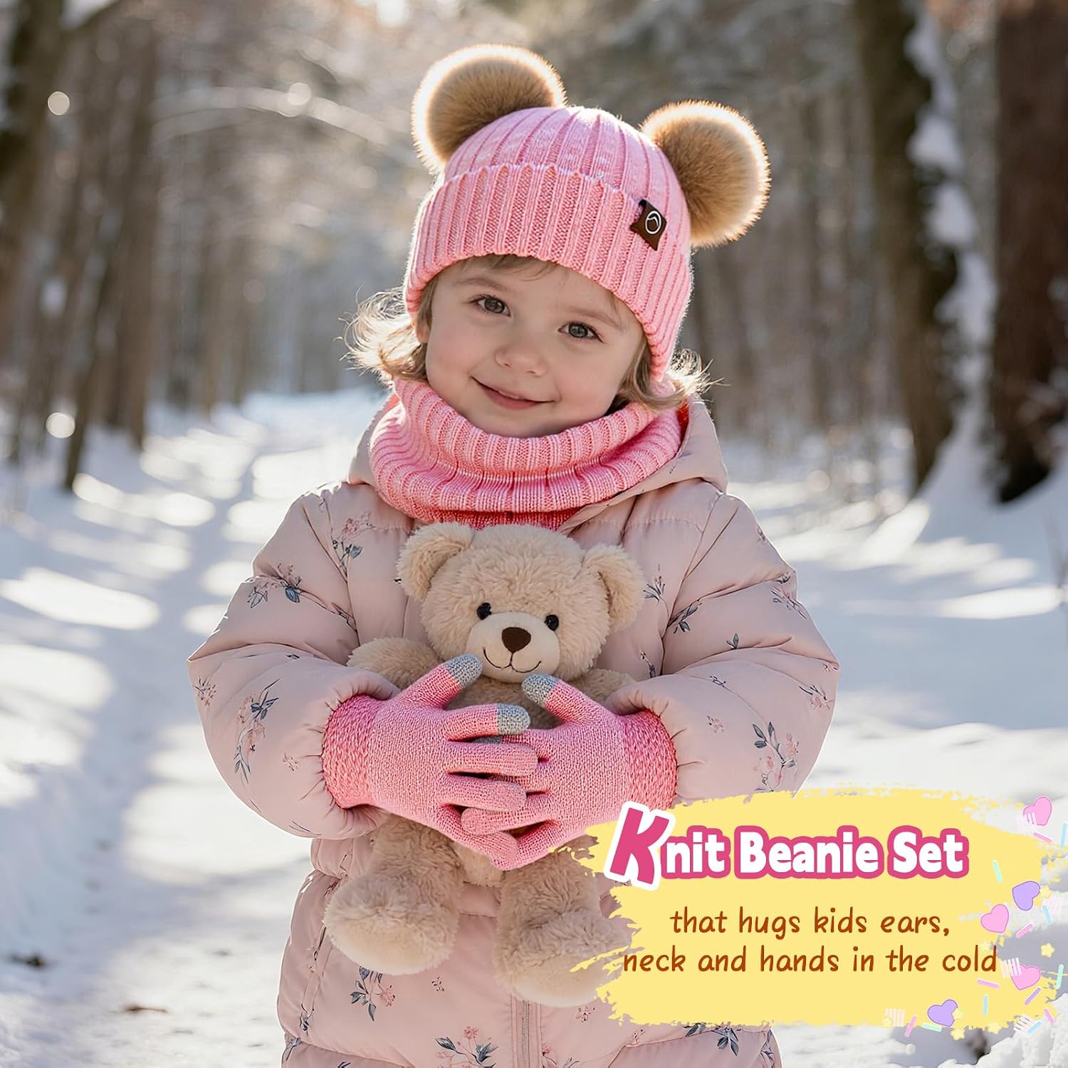 ZOORON Kids Winter Hat Gloves Scarf Set Girls, Children Beanies Hats with Pom Pom Warm Fleece Lining Beanie For Girls Boys