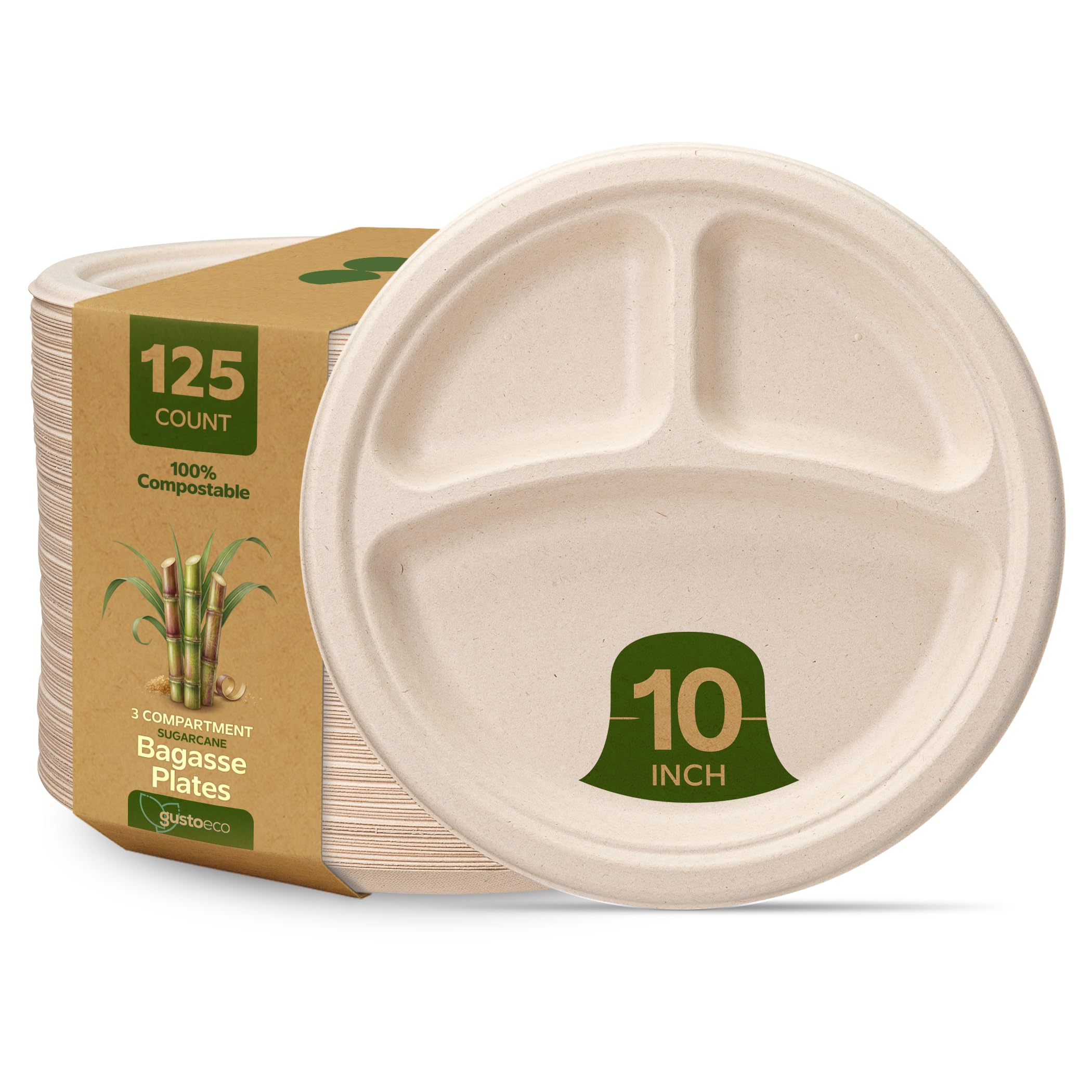 Comfy Package 100% Compostable Disposable Plates with Compartment, 125 Pack | 10 Inch 3-Section Heavy-Duty Sugarcane Paper Plates | Eco-Friendly, Biodegradable, Brown Unbleached