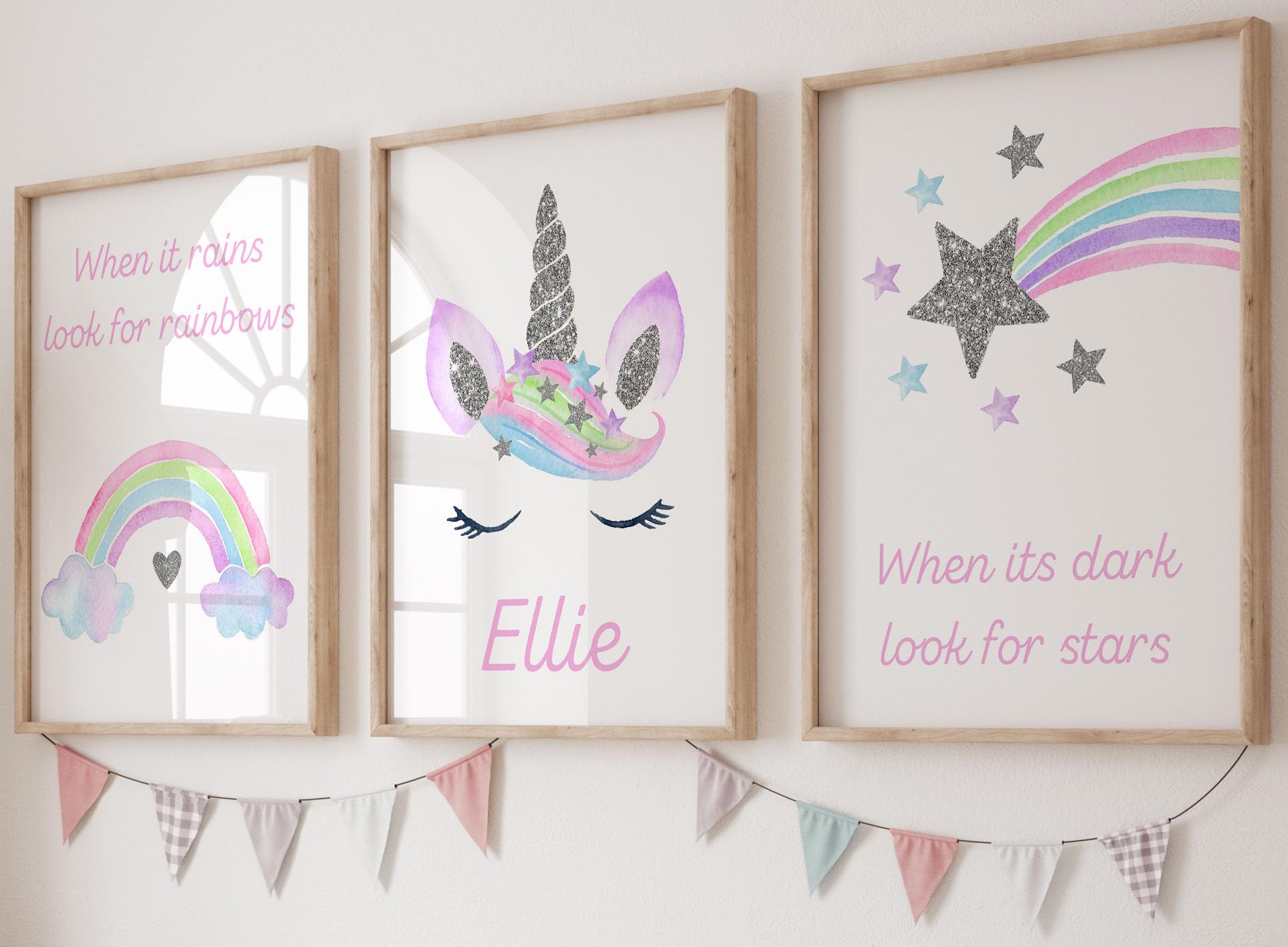 Eviepops Prints Unicorn Rainbow Stars Set Of 3 Personalised Unframed Poster Prints, Pink Purple Silver Gold, Girls Bedroom Nursery Decor Posters (A3) โ image 1