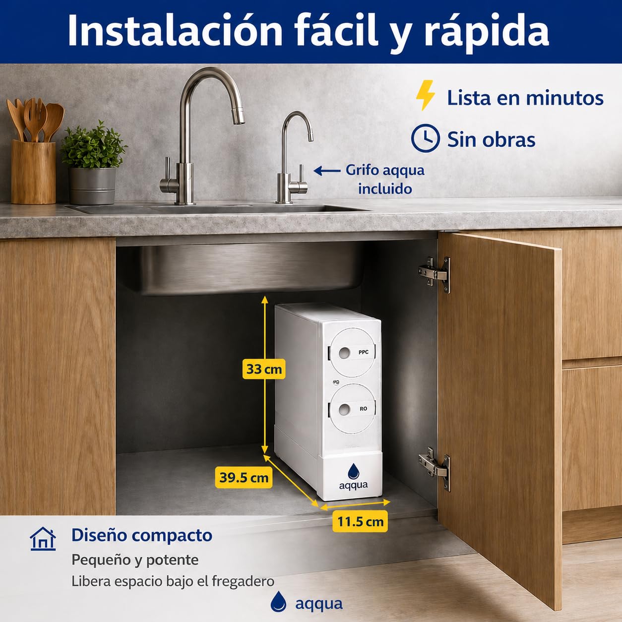 AQQUA FRESS 600GPD – Ósmosis Inversa Flujo Directo Sin Tanque | 5 Etapas | Instalación 15 min | Cambio Filtros 1 Click | Con o sin Electricidad y Desagüe en Modo ECO | Marca España