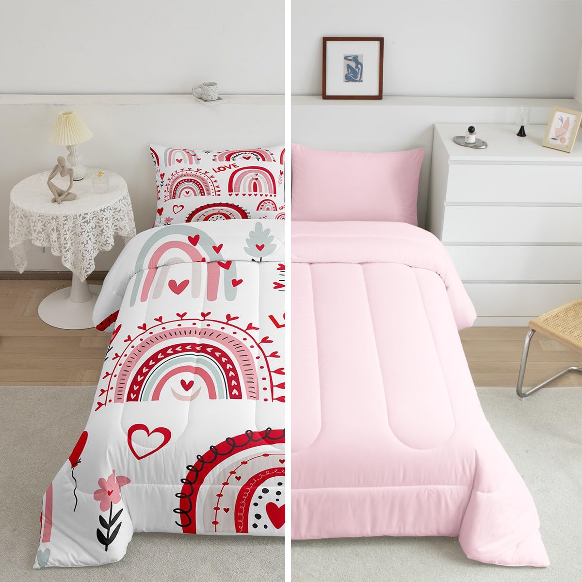 Floral Rainbow Comforter Queen Boho Love Heart Rainbow Bedding Set For Girls Teen Women,Boho Valentine'S Day Couple Bedding Comforter Set Bohemian Romantic Quilt Set Gifts For Girlfriend Wife 3 Pcs