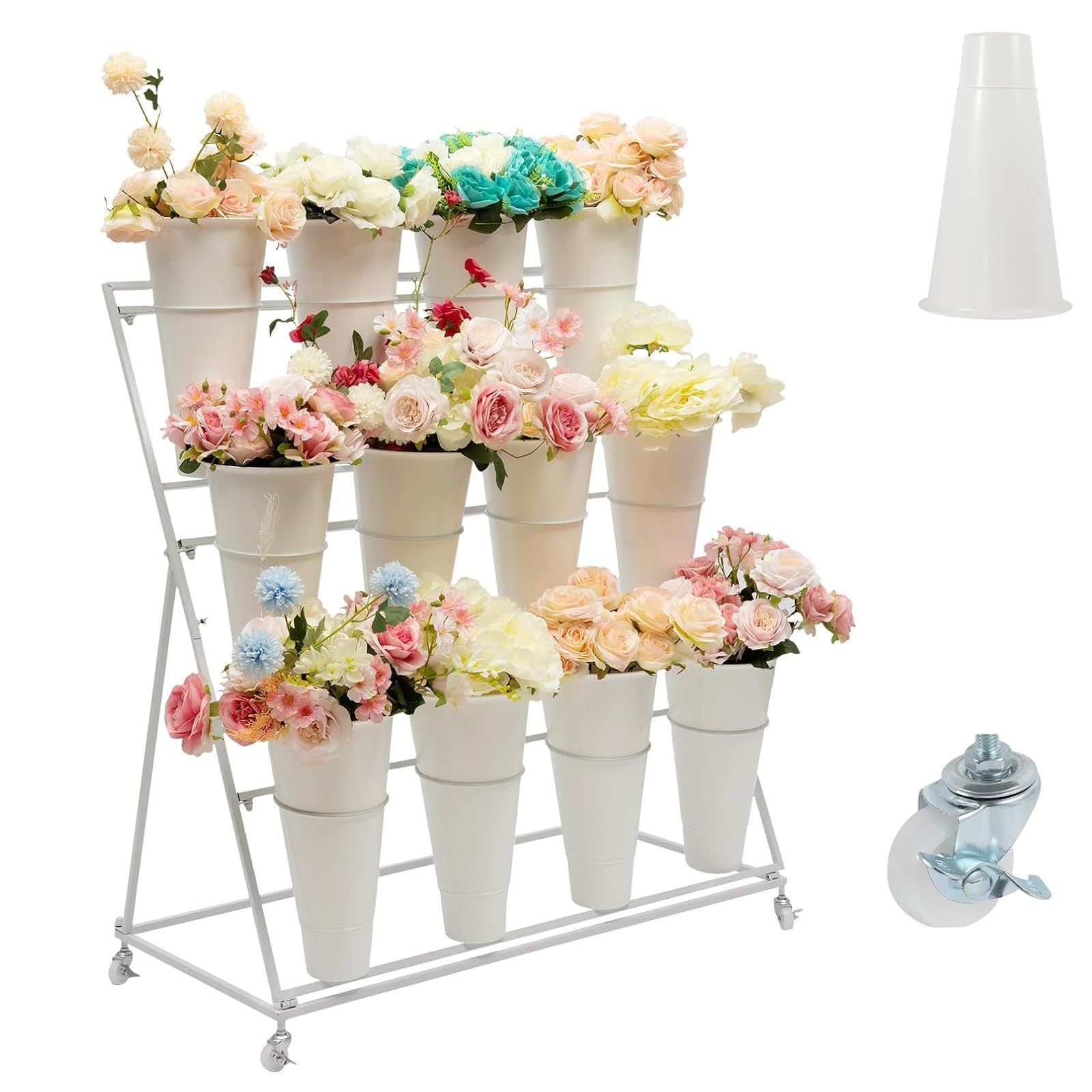 Espositore per fiori in metallo con ruote, scaffale floreale a 3 livelli per piante a 12 secchi, ideale per giardino, patio, eventi, matrimoni e vetrine di decorazioni per la casa