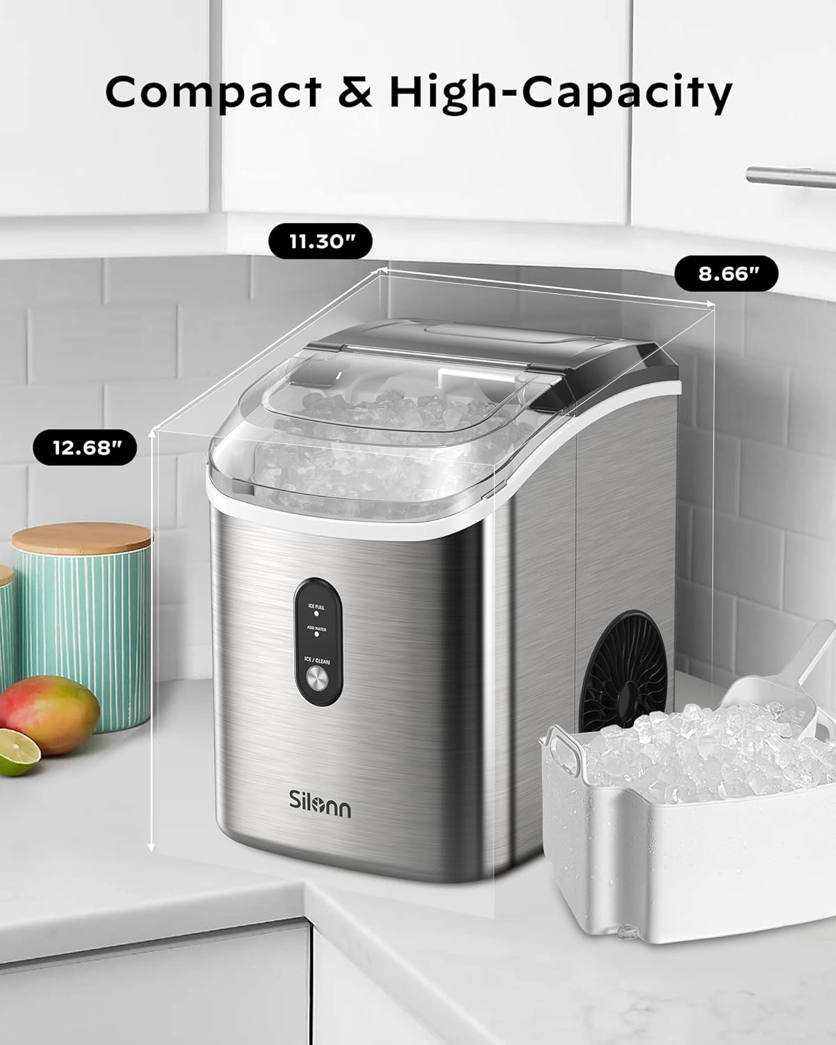 Nugget Countertop Ice Maker - Silonn Chewable Pellet Ice Machine with Self-Cleaning Function, 33lbs/24H, Ice Makers for Home Kitchen Office, Stainless Steel