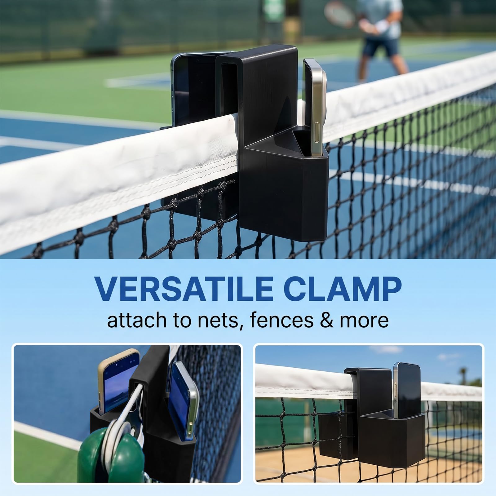 Supporto Telefono per Rete da Tennis 3D, Design Doppia Fotocamera, Morsetto Stabile per Rete e Recinzione, Montaggio Facile senza Attrezzi, per Registrare Allenamenti e Partite, Streaming Live