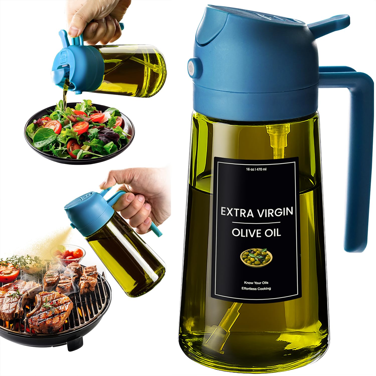 CXINYI - 16oz/470ml Olive Oil Dispenser for Kitchen with Stickers - 2 in 1 Olive Oil Sprayer for Cooking, Air Fryer, and Salad, Blue (Light-Proof Kitchen Gadget)