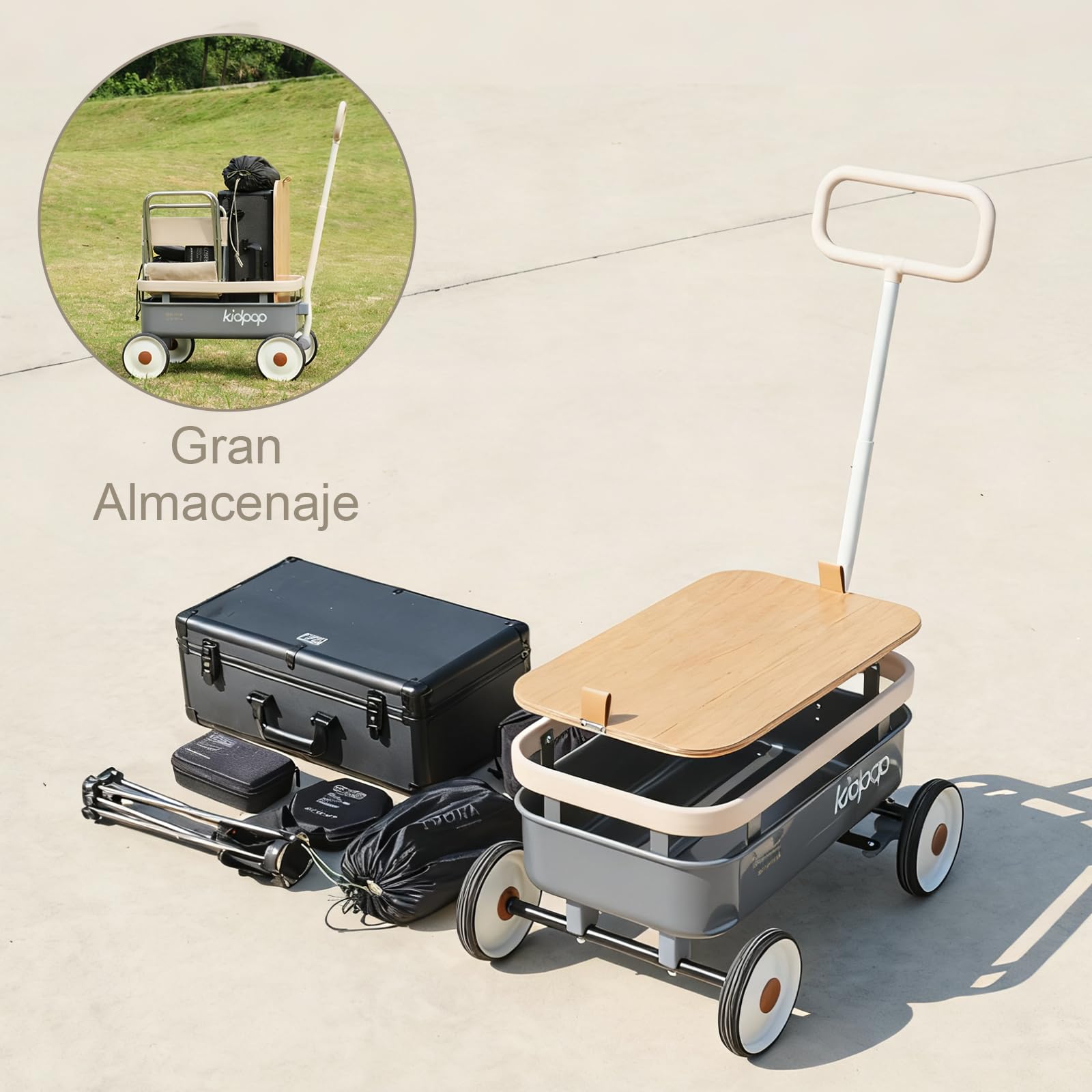 kidpop PULA-Wild - Carrito de Mano para niños 3 en 1, 2,5-8 años, Cubierta de Madera Desmontable y Manillar Ajustable, Regalos de cumpleaños Peso máximo 16 kg,Gris
