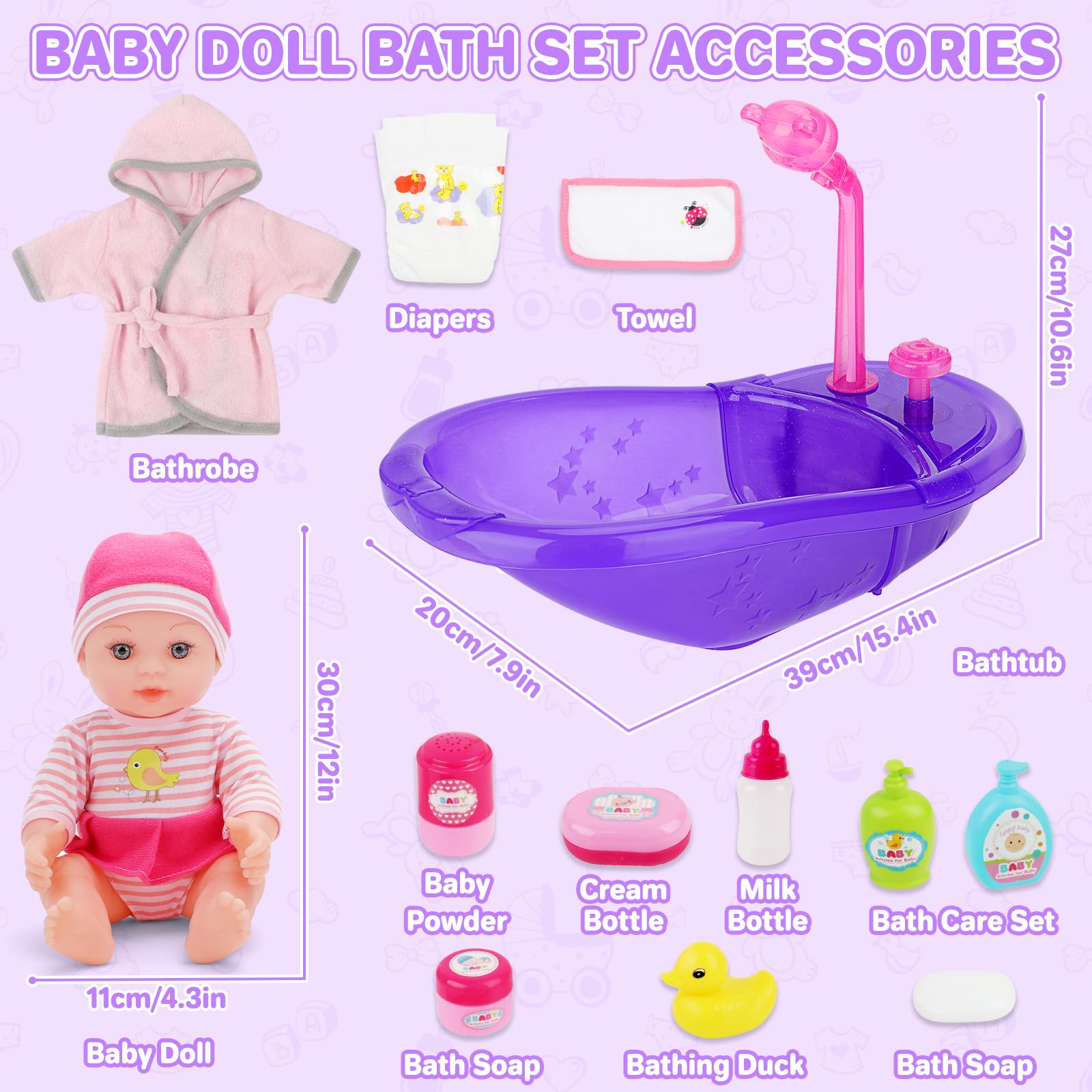deAO Ensemble de Bain Poupon Jouet Avec Accessoires poupée bébé, Baignoire Jouet Pour Enfants Pour Enfants Pour Jeu de rôle Pour Enfant