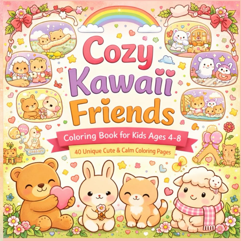 Cozy Kawaii Friends Coloring Book for Kids Ages 4–8: 40 Unique Cute & Calm Coloring Pages Featuring Adorable Animal Friends, Cozy Bedtime Scenes, ... and (My First Capybara Coloring Books)