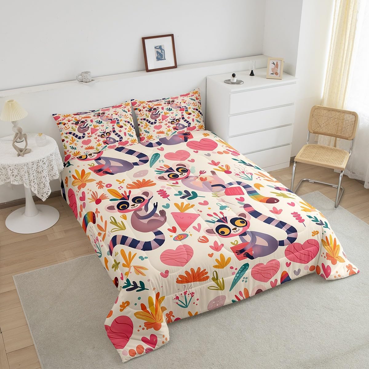 Erosebridal Cartoon Lemur Kids Down Comforter,Red Love Heart Girly Toddler Bedding Sets Colourful Bohemian Leaf Queen Comforter Sets Cute Wildlife Animals Duvet Set for Child Room Decor